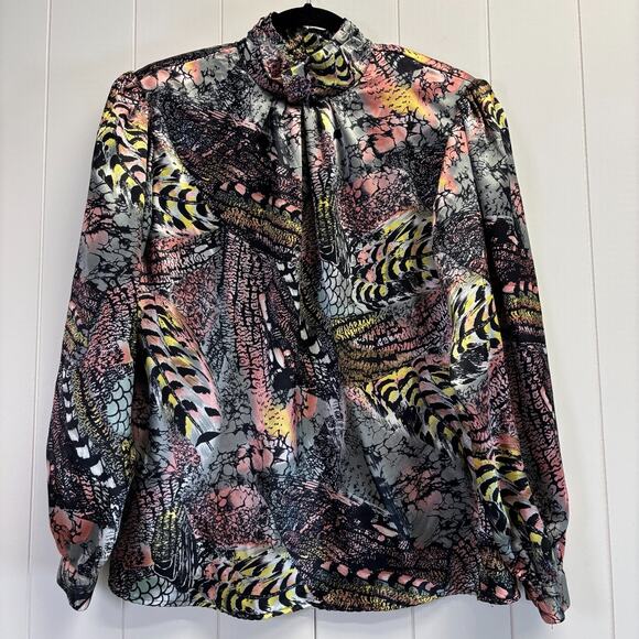 Vintage Notations Womens 80s Animal Print Satin Pleated Secretary Top Size 10 - Picture 1 of 7